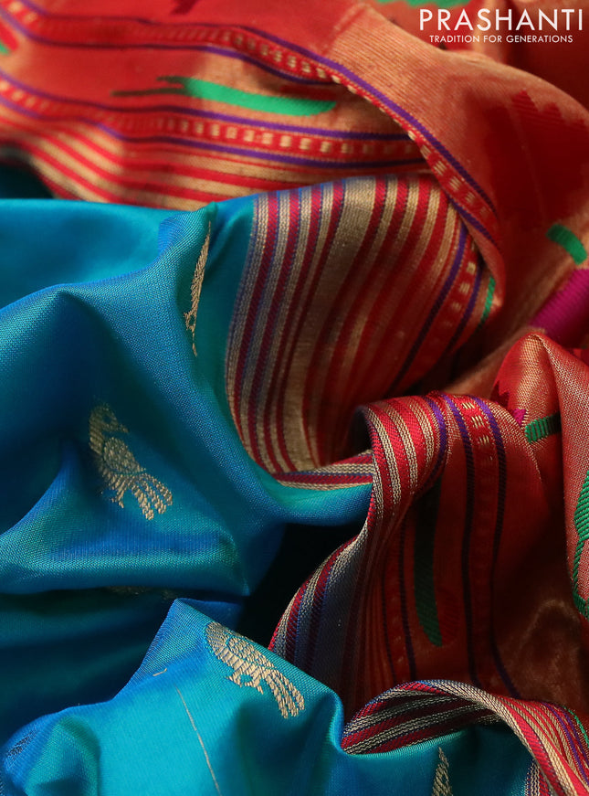 Pure paithani silk saree teal blue and red with zari woven buttas and zari woven muniya butta border