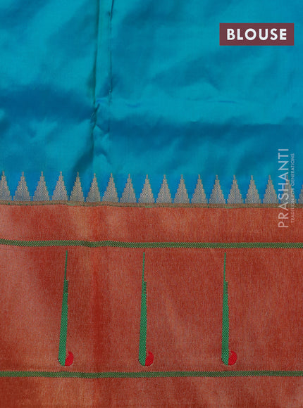 Pure paithani silk saree teal blue and red with zari woven buttas and zari woven muniya butta border