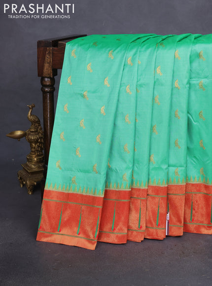 Pure paithani silk saree teal green shade and red with zari woven peacock buttas and zari woven muniya butta border