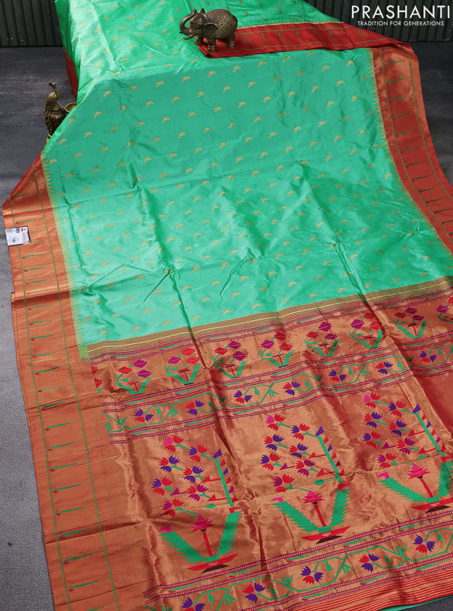 Pure paithani silk saree teal green shade and red with zari woven peacock buttas and zari woven muniya butta border