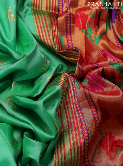 Pure paithani silk saree teal green shade and red with zari woven peacock buttas and zari woven muniya butta border