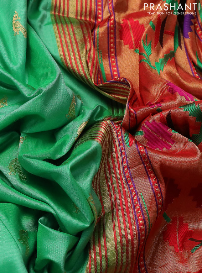 Pure paithani silk saree teal green shade and red with zari woven peacock buttas and zari woven muniya butta border
