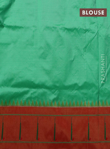 Pure paithani silk saree teal green shade and red with zari woven peacock buttas and zari woven muniya butta border