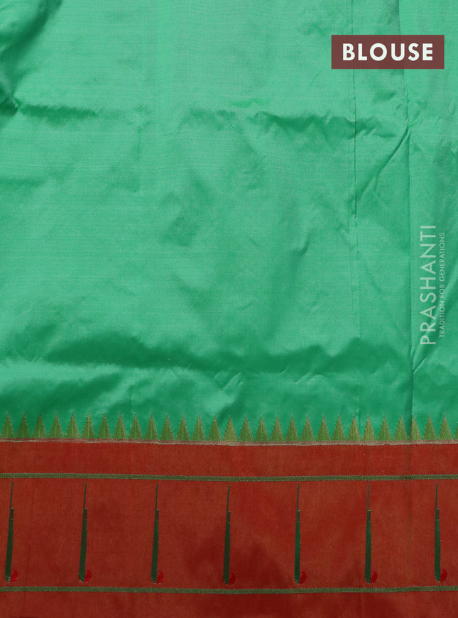 Pure paithani silk saree teal green shade and red with zari woven peacock buttas and zari woven muniya butta border