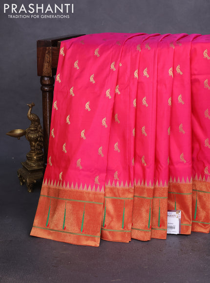 Pure paithani silk saree pink and red with zari woven peacock buttas and zari woven muniya butta border