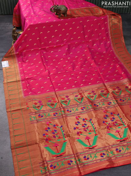 Pure paithani silk saree pink and red with zari woven peacock buttas and zari woven muniya butta border
