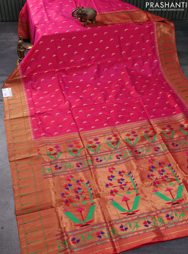 Pure paithani silk saree pink and red with zari woven peacock buttas and zari woven muniya butta border