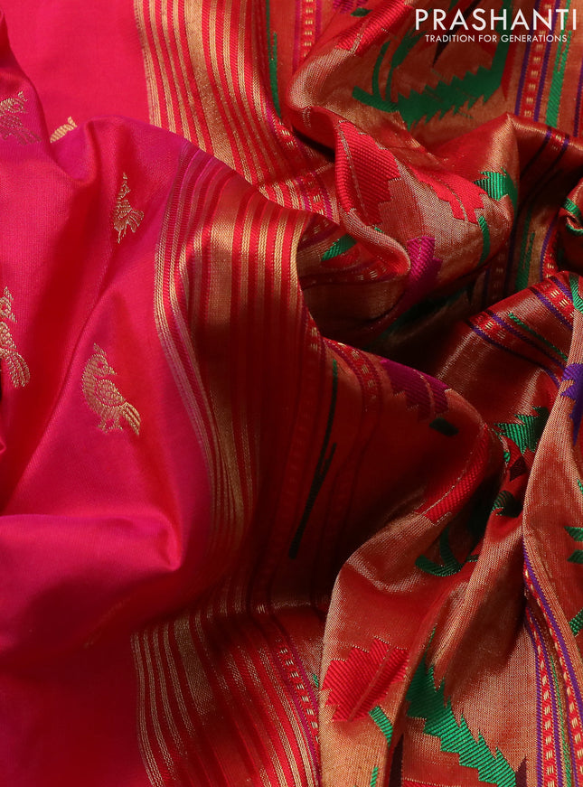 Pure paithani silk saree pink and red with zari woven peacock buttas and zari woven muniya butta border