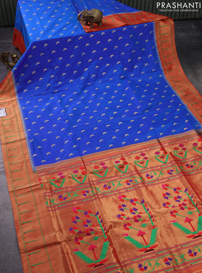 Pure paithani silk saree dual shade of blue and red with zari woven peacock buttas and zari woven muniya butta border