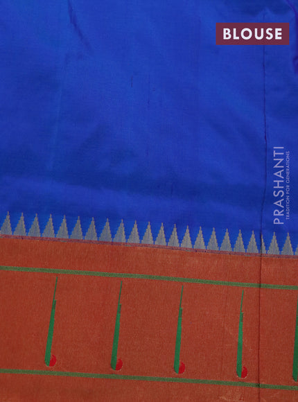 Pure paithani silk saree dual shade of blue and red with zari woven peacock buttas and zari woven muniya butta border