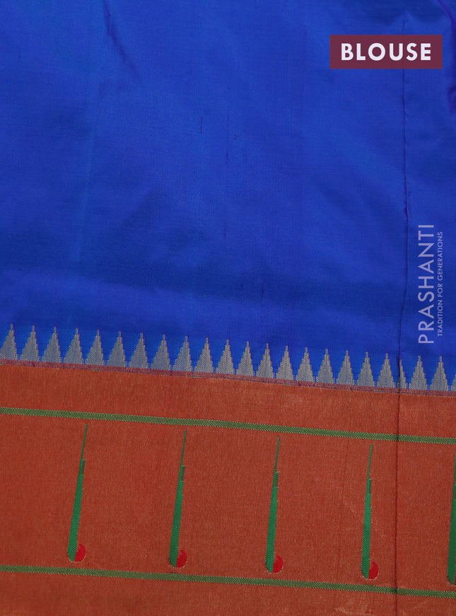 Pure paithani silk saree dual shade of blue and red with zari woven peacock buttas and zari woven muniya butta border