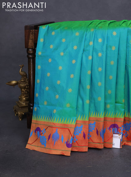 Pure paithani silk saree dual shade of teal green and red with floral zari woven buttas and paithani design pallu