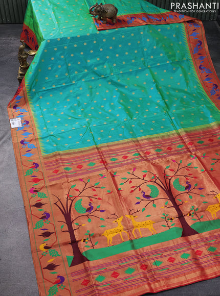 Pure paithani silk saree dual shade of teal green and red with floral zari woven buttas and paithani design pallu