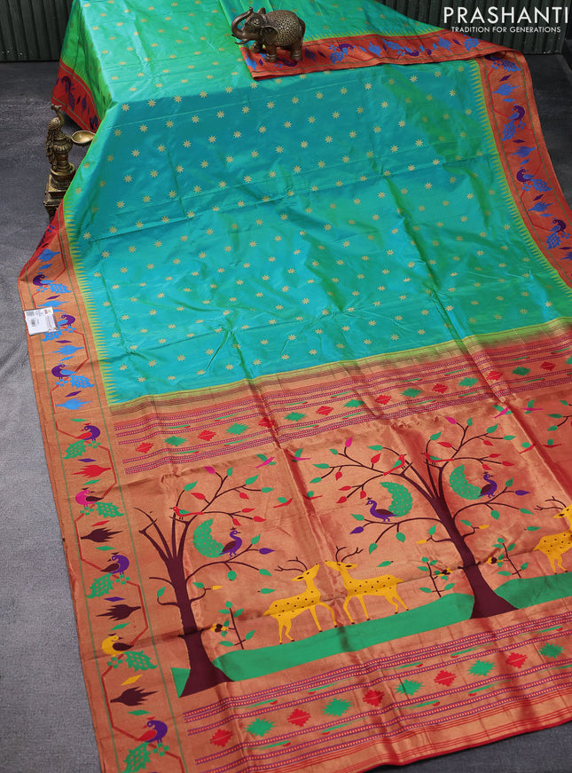 Pure paithani silk saree dual shade of teal green and red with floral zari woven buttas and paithani design pallu