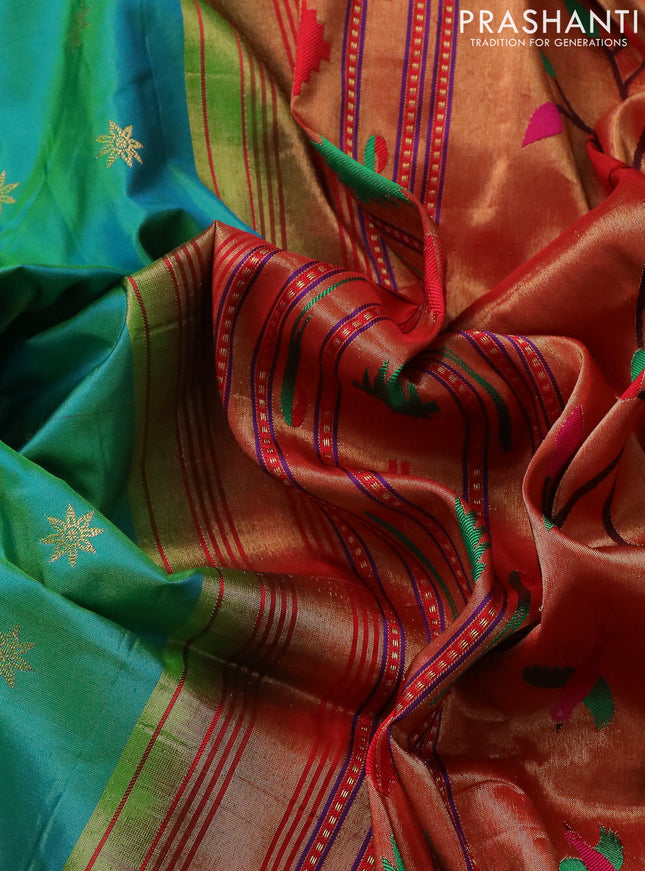 Pure paithani silk saree dual shade of teal green and red with floral zari woven buttas and paithani design pallu
