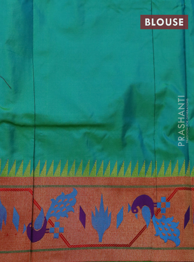 Pure paithani silk saree dual shade of teal green and red with floral zari woven buttas and paithani design pallu