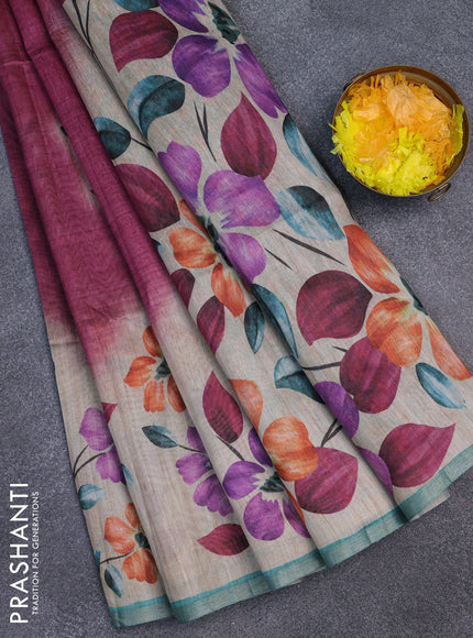 Semi tussar saree beige maroon and teal green with floral prints and small zari woven border