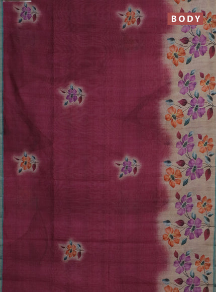 Semi tussar saree beige maroon and teal green with floral prints and small zari woven border