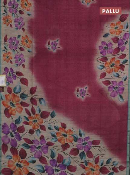 Semi tussar saree beige maroon and teal green with floral prints and small zari woven border