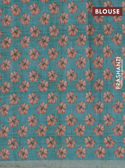 Semi tussar saree beige maroon and teal green with floral prints and small zari woven border