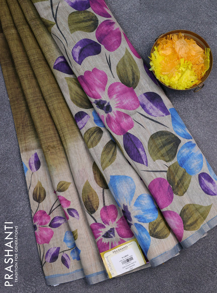 Semi tussar saree beige mehendi green and pastel blue with floral prints and small zari woven border