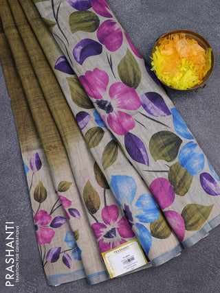 Semi tussar saree beige mehendi green and pastel blue with floral prints and small zari woven border