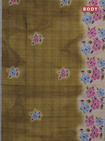 Semi tussar saree beige mehendi green and pastel blue with floral prints and small zari woven border