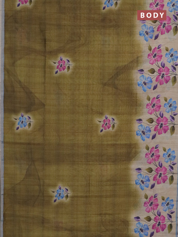 Semi tussar saree beige mehendi green and pastel blue with floral prints and small zari woven border