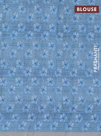 Semi tussar saree beige mehendi green and pastel blue with floral prints and small zari woven border