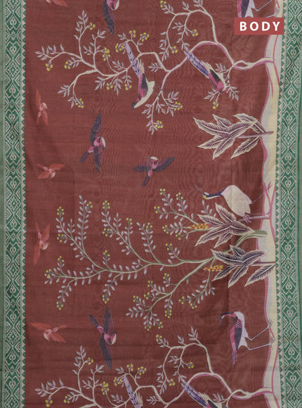 Semi tussar saree rust shade and green with allover prints and printed zari border
