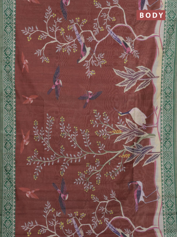 Semi tussar saree rust shade and green with allover prints and printed zari border