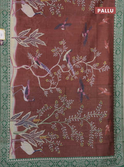 Semi tussar saree rust shade and green with allover prints and printed zari border
