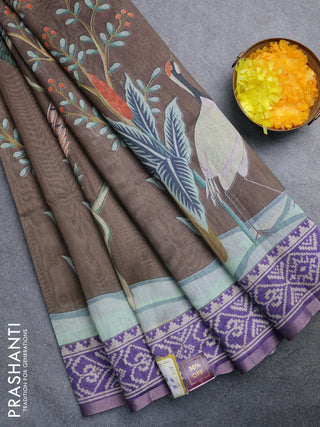 Semi tussar saree brown shade and violet with allover prints and printed zari border