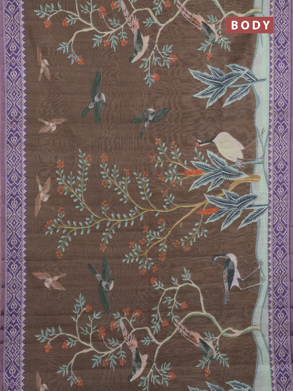 Semi tussar saree brown shade and violet with allover prints and printed zari border