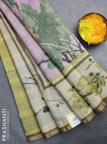 Semi tussar saree elaichi green pastel lavender and mehendi green with allover prints and small zari woven border