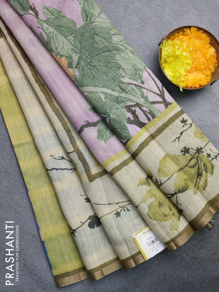 Semi tussar saree elaichi green pastel lavender and mehendi green with allover prints and small zari woven border