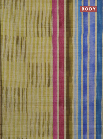 Semi tussar saree elaichi green pastel lavender and mehendi green with allover prints and small zari woven border