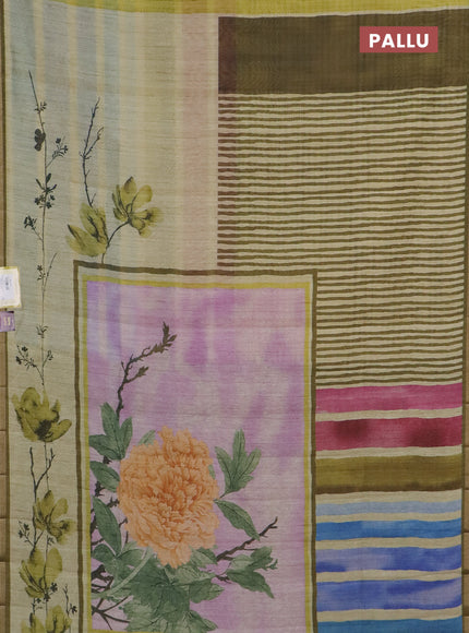 Semi tussar saree elaichi green pastel lavender and mehendi green with allover prints and small zari woven border