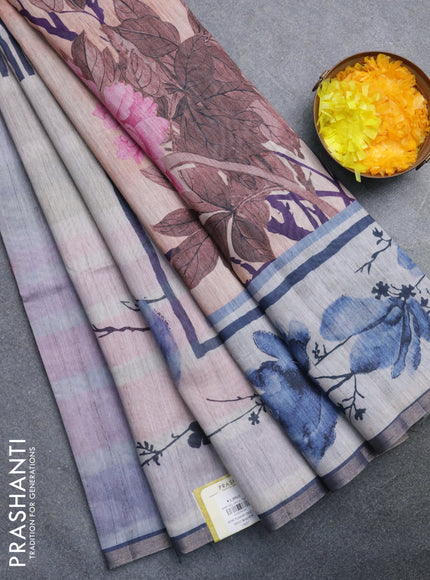 Semi tussar saree beige pale orange and grey with allover prints and small zari woven border
