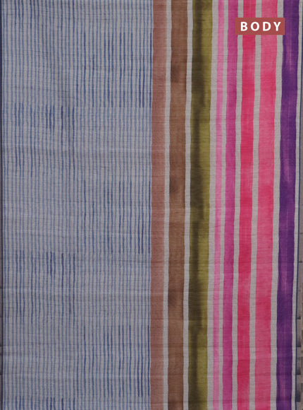 Semi tussar saree beige pale orange and grey with allover prints and small zari woven border