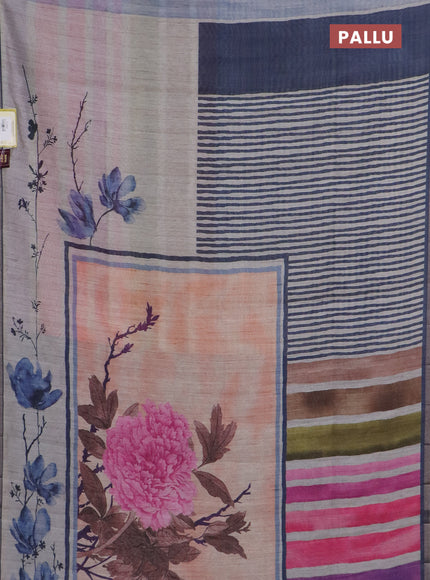 Semi tussar saree beige pale orange and grey with allover prints and small zari woven border