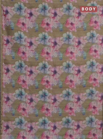 Semi tussar saree elaichi green and green with allover floral prints and small zari woven border