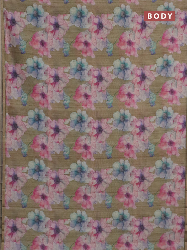 Semi tussar saree elaichi green and green with allover floral prints and small zari woven border