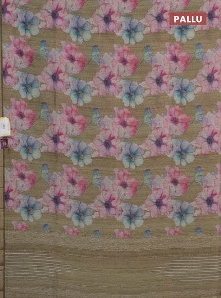 Semi tussar saree elaichi green and green with allover floral prints and small zari woven border