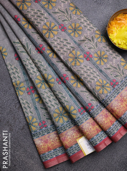Semi tussar saree grey shade and maroon with allover prints and small zari woven border