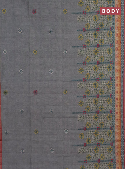 Semi tussar saree grey shade and maroon with allover prints and small zari woven border