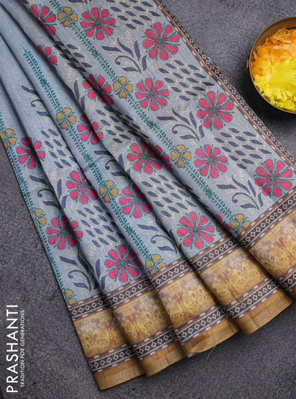 Semi tussar saree pastel grey and yellow with allover prints and small zari woven border