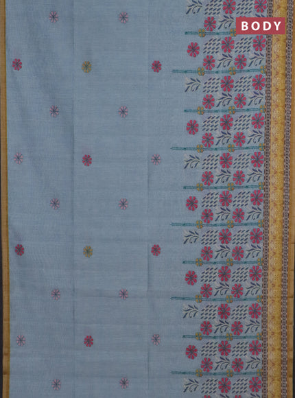 Semi tussar saree pastel grey and yellow with allover prints and small zari woven border