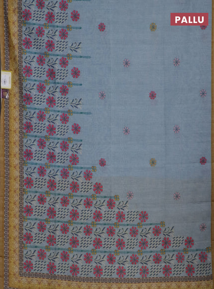 Semi tussar saree pastel grey and yellow with allover prints and small zari woven border