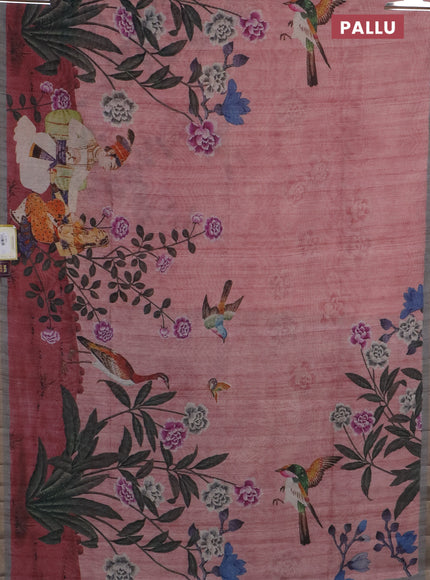 Semi tussar saree pastel pink and grey shade with allover prints and small zari woven border